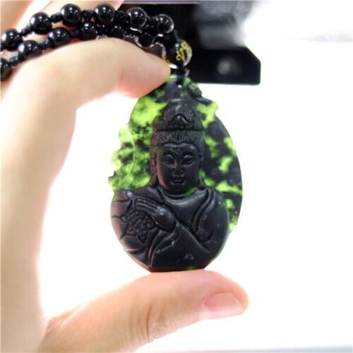 Chinese Black Green Jade Guanyin Pendant Natural Obsidian Necklace Charm Jewellery Fashion Amulet Gift Men Women