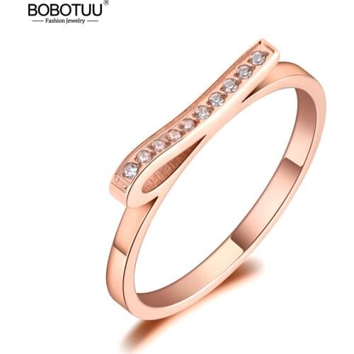BOBOTUU Titanium Stainless Steel Fine Brand Mosaic CZ Crystal Rings Rose Gold Bridal Wedding Ring Jewelry For Women Girl BR19108