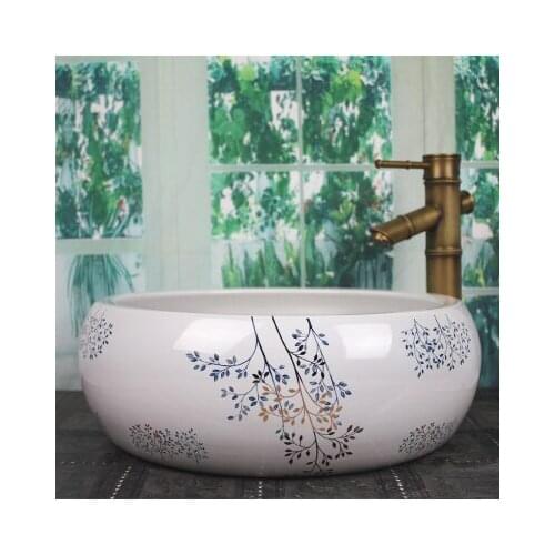 Bathroom Round Ceramic Vessel Sink Vanity Artistic Basin with Pop up Drain Combo AB235