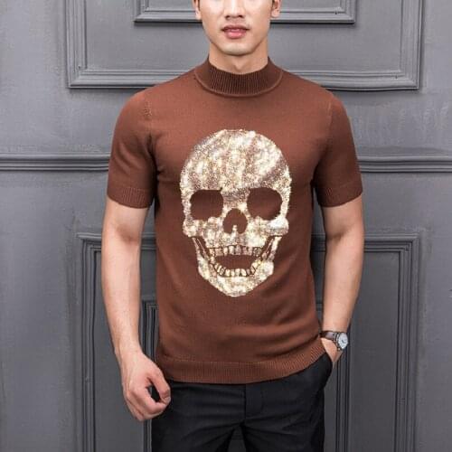 Diamond HD Skull Head Design Summer Mens Turtleneck Sweater Short Sleeve Knitted T-Shirt Pullover