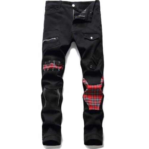 New Mens Male Fashion Tartan Scotch Plaids Patchwork Black Denim Jeans Trendy Punk Rock Rivet Pants Slim Straigh Trousers 5506