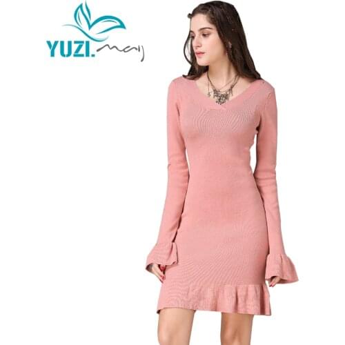 Dress For Women 2017 Yuzi.may Boho New Cotton Wool Vestidos Butterfly Sleeve V-Neck Ruffles Hem Knitting Dresses A82059