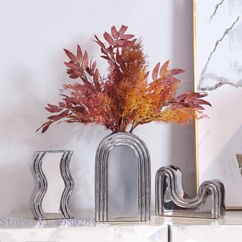 Silver Ceramic Vase Geometric Wavy Irregular Arched Flower Vase Flower Arrangement Hydroponics Accessories Wedding Decoration