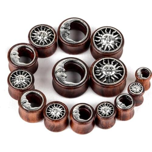 2pcs Sun & Moon Wooden Ear Gauges Ear Plugs Tunnels Hollow Flesh Stretcher Earrings Body Piering Jewelry 8-20mm Piercing Oreja