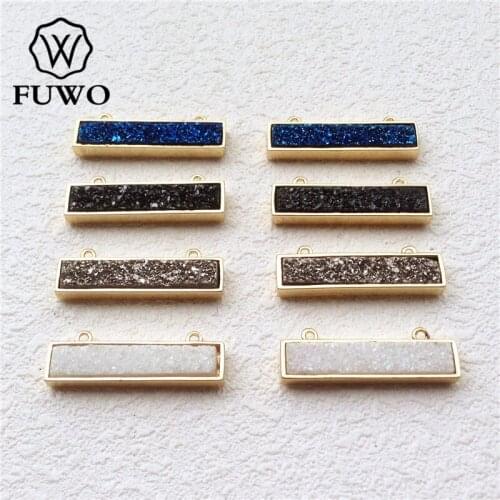 FUWO Cute Rectangle Druzy Pendant With Brass Bezel Trimmed Double Bails Natural Quartz Stone Charm For Jewelry Making PD180