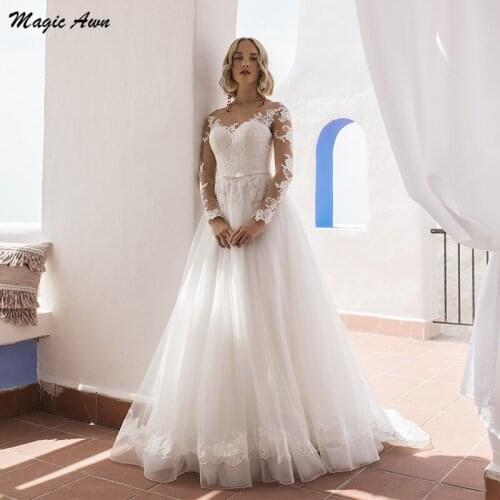 Magic Awn Long Sleeves Beach Wedding Dresses Lace Appliques Princess Illusion Bohemian Wedding Party Dress Robe De Mariage