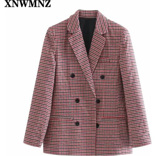 XNWMNZ New za Women 2021 Fashion Office Wear Double Breasted Blazers Coat Vintage Long Sleeve Pockets Female Outerwear Chic Tops