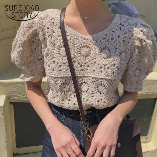 Korean Fashion Clothing New Vintage Summer Tops Women Puff Sleeve Hollow Out Shirt Female Retro Perspective Lace Blouse 9591