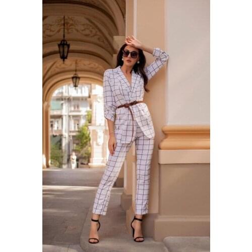 Plaid Women Suits 2 Piece Cotton High Quality Custom Made Formal Casual Suits With Belt Long Sleeves Party Suits Coat+Pant