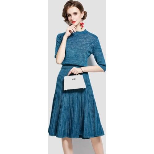 Half Sleeve Pullover + High Waist A-line Long Midi Skirt Two-piece Set Female Autumn 2020 New Arrival Lurex Knit Sweater Sets