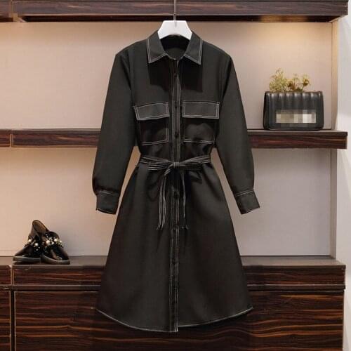 Plus Size Women Black Shirt Dress Autumn 2019 Fashion Turn-down Collar Long Sleeve Single-breasted Ladies A-Line Dresses L-5XL