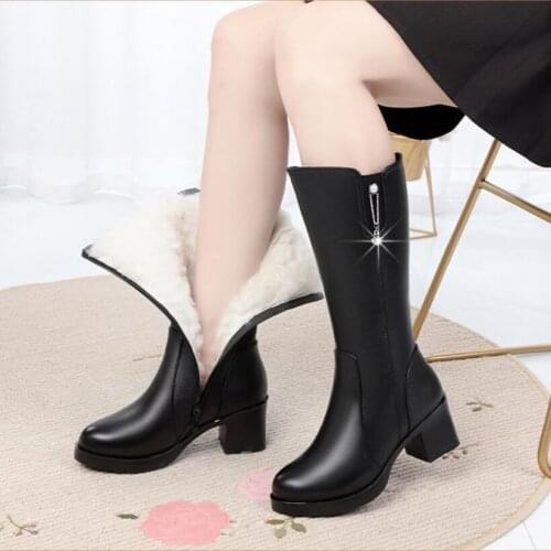 AQ741winter wool women leather boots mid-heel plus fleece warm mid-tube boots thick heel Woman Footwear Pius size platform boots