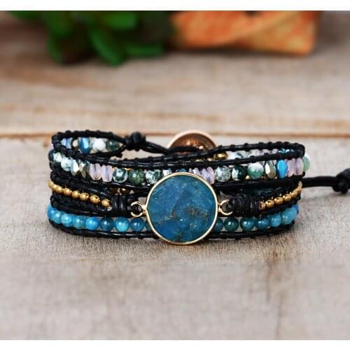 Apatite Leather Wrap Bracelet Gemstones Beaded 3 Strands Women Bracelets Natural Agates Beaded Genuine Leather Bracelet Dropship