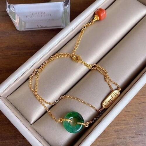 Natural Hetian Jade Green Jade Inlaid S925 Sterling Silver Safeness Ring Bracelet Vintage Chinese Style Court Ornament