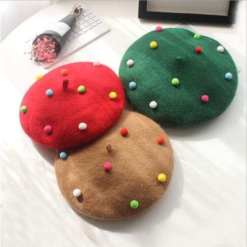 Childrens Colored balls Winter Wool Soft Beret Caps Autumn kids Casual woolen Beret Caps keep warm Hats Gorras keep warm