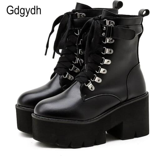 Gdgydh Ankle Strap Belt Women Gothic Ankle Boots Zip Punk Style Shoes On Heel Cross Tied Block Heel Fashion Street Shoes Well