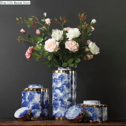 Classical Gold-plated Ceramic Flower Vase Luxury Home Decoration Ornaments Living Room Decoration Accessories Candy Storage Jar