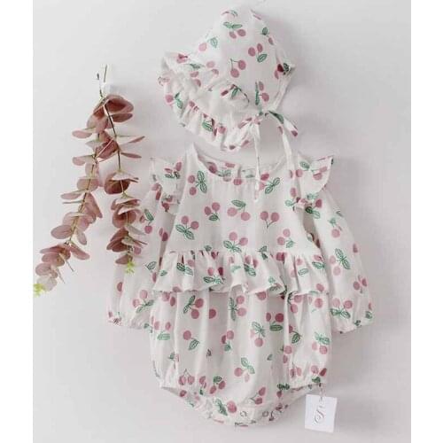Autumn Baby Bodysuit New Baby Girl Cherry Lace Long-Sleeve Jumpsuit+Hat Suit Baby Cotton One-Piece Crawling Clothes