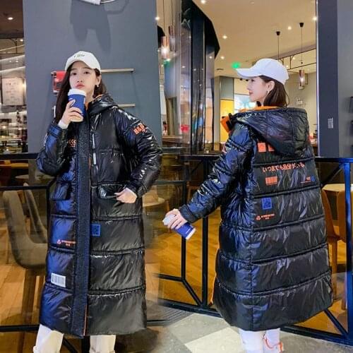 Korean Fashion Glossy Jackets Womens Hooded Long Winter Jackets Warm Cotton Coat Parkas Woman Casual Loose Cotton Coats Overcoat