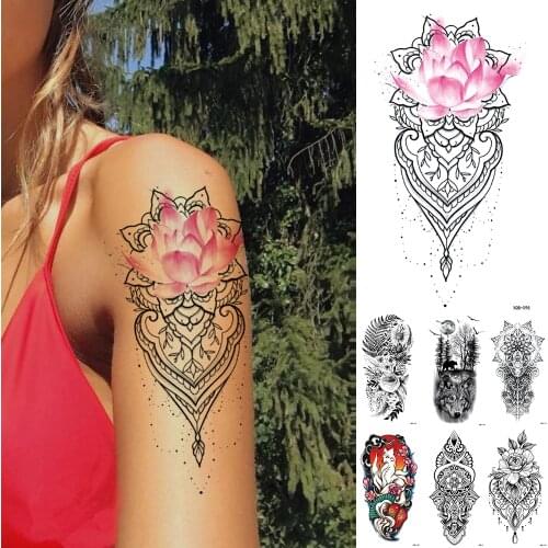 Lotus Rose Flowers Lace Temporary Tattoo Sticker Flash Waterproof Tattoos Skull Wolf Daisy Body Art Arm Fake Tatoo Women Men