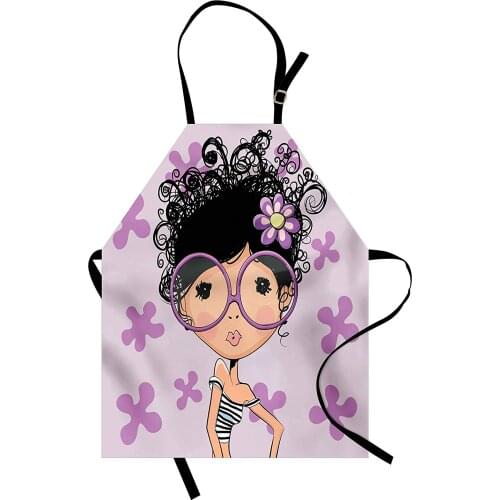 Curly Hair Apron Hipster Spring Girl with Giant Glasses and Flowers Spring Fashion Cute Cartoon Kitchen Bib Apron Cooking Baking