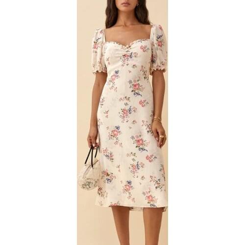 Summer floral print dress lace-up waist small square neck dress women sweet bodycon party dress
