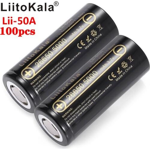 Wholesale 100pcs LiitoKala lii-50A 26650 5000mah lithium battery 3.7V 5000mAh 26650-50A for flashligh