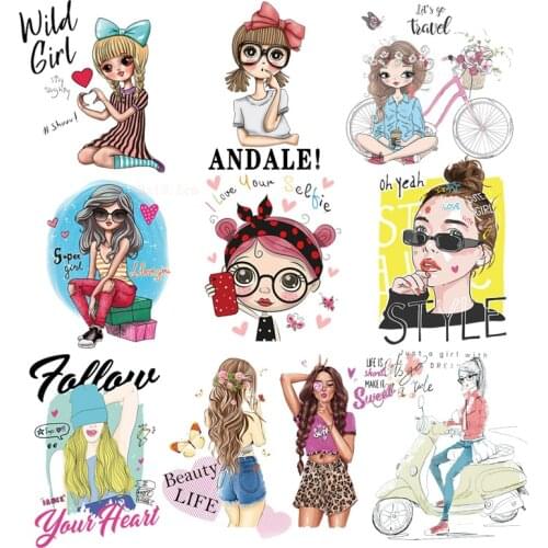 Fashion Girl Iron On Transfers For Clothing Applications Cartoon Girl Heat Transfer Patches For T-Shirt Decoration DIY On Jeans