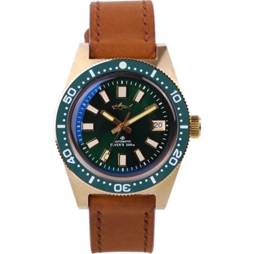 Heimdallr Mens Bronze Dive Watch 62MAS Vintage Green Dial Sapphire Crystal 41mm 300M Water Resistance NH35 Automatic Wristwatch