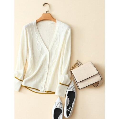 Autumn new style korean fashion 100% cashmere argyle cardigan v neck womens outerwear knitwear