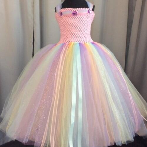 Girls Pastel Glitter Tutu Dress Kids Crochet Tulle Dress Ball Gown with Ribbons Children Wedding Birthday Party Costume Dresses