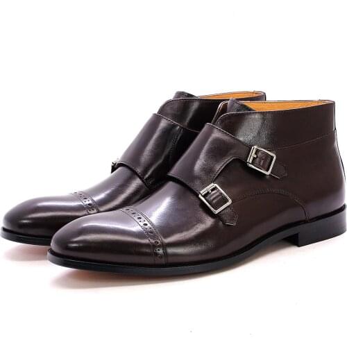 Sale 38-47 Mens Ankle Boots Genuine Calf Leather Double Buckles Monk Strap Basic Boots Men Cowboy Boots Fashion Motorcycle Boots