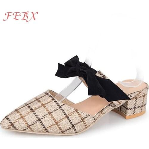 Women Sandals Female Lace-up Bow Gingham Pointed Toe Low Heels Flats Womens Fashion Mules Summer Outdoor Leisure Lady Footwear
