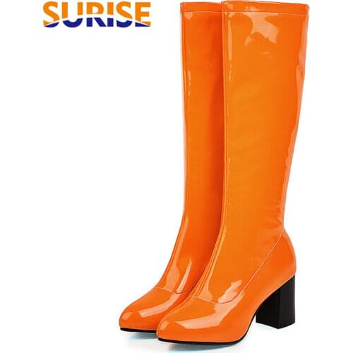 Big Size Winter Women Knee High Boots Red Stretch Patent Leather Square Heels Office Ladies Pointed Toe Zipper Riding Long Boots