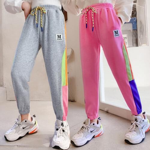 Teen Girls Casual Sport Pants Blue Pink Grey Black 4 Color Cotton Fashion Loose Korean Style Spring Autumn Childrens Sweatpants