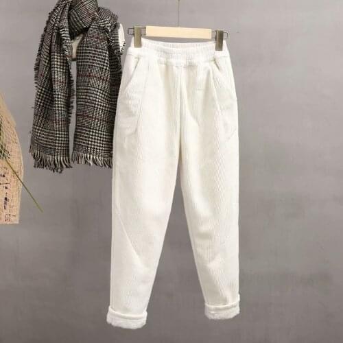 Elastic Waist Warmth Casual Thick Fleece Pockets Autumn Fashion Female Trousers New 2021 Winter Women Solid Color Corduroy Pants