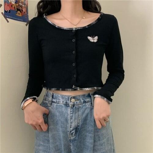 Female Korean Harajuku Vintage Ins Butterfly Plaid T-shirt Womens T-shirts Tops Japanese Kawaii Ulzzang Clothes For Women