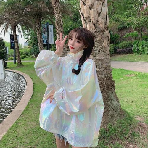 Korean Hooded Windbreaker Jacket Womens Spring Autumn Loose Shiny laser Jackets Plus Size Pockets Basic Coat Ladies Outerwear