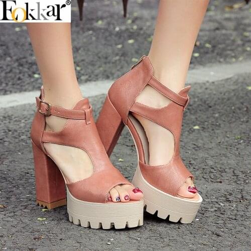 Eokkar 2019 Classic Women Platform Pumps Open Toe Chunky Heel Buckle Strap Shoes Square High Heel 11cm Lady Pink Shoe Size 34-42