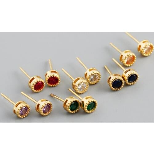 Enosola 925 Sterling Silver Simple Color Lace Zircon Round Small Stud Earrings for Women European Charm Piercing Gold Jewelry