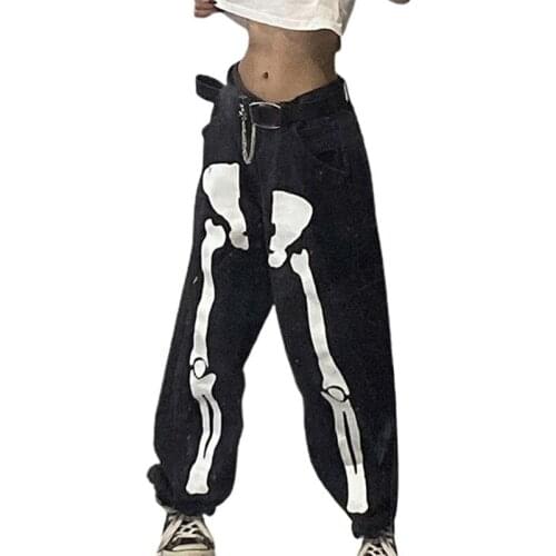 Women Casual Loose Style Long Trousers Fashion Street Punk Style Skeleton Printed High Waist Pants Female Bottoms Clothes