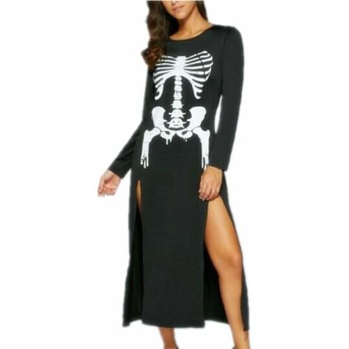 Ypser Women Gothic Skull Print Long Sleeve Dress Black Punk Halloween Dress