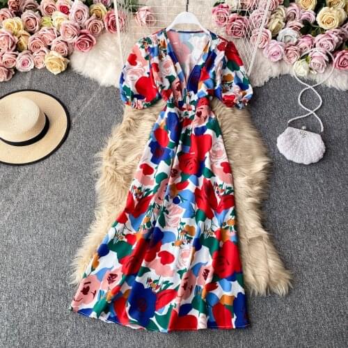 2021 Summer Womens Dress French Retro V-neck Printed Puff Sleeve Short-sleeved Dress New Waist Female Dresses DE702