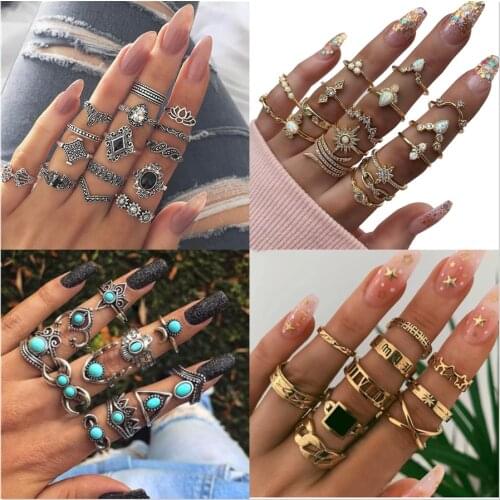 1 Set Of Fashionable Star Moon Lotus Snake Zircon MIDI Knuckle Ring Set Female Crystal Geometric Finger Ring Bohemian Jewelry