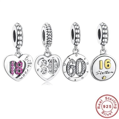 European 18 Years of Love Pendant Charm 925 Sterling Silver Crystal Beads Fit Original Charm Bracelet Necklace Jewelry