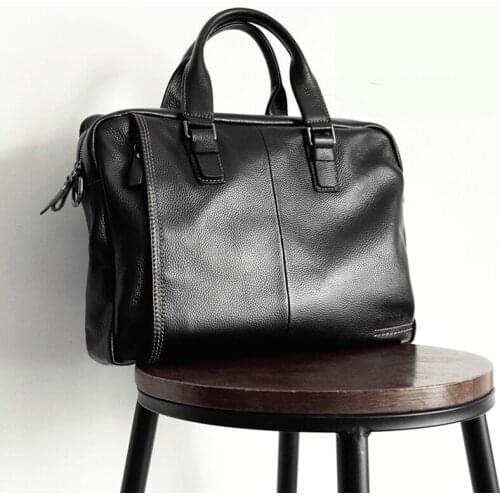 2019 New Natural Cowskin 100% Genuine Leather Mens Briefcase Fashion Large Capacity Business bag Black Shoulder Laptop Bag