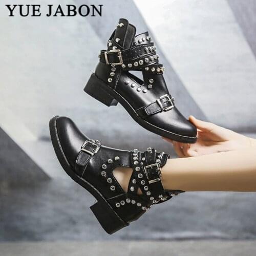 2019 Buckle Ankle Boots For Women PU Leather Fashion Rivet Low Heel Shoes Women Motorcycle Boots Autumn Women Martin Boots