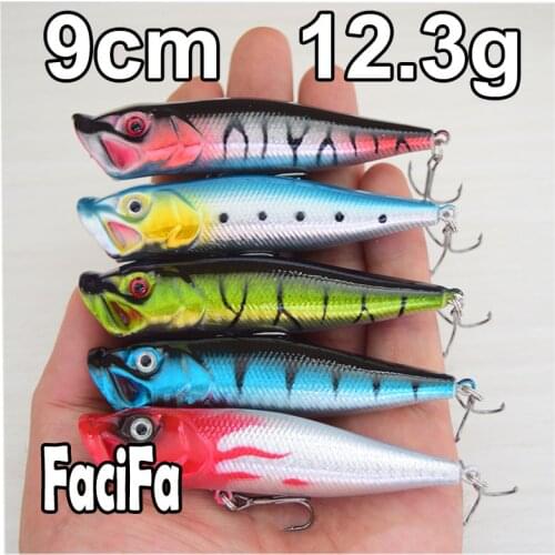 5pcs Plastic Popper Fishing Lures Bass CrankBait Top water Rattles 9cm 3.54inch