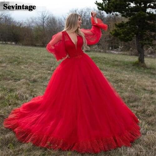 Sevintage Red Long Puff Sleeves Prom Dresses Ball Gown Soft Dotted Tulle Lace Special Occasion Dress Corset Evening Party Gowns