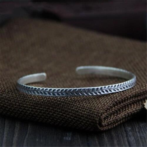 925 Sterling Silver Handmade Bracelet for Old Leaves Simple Literature and Art Twist Texture Adjustable Womens Jewelry
